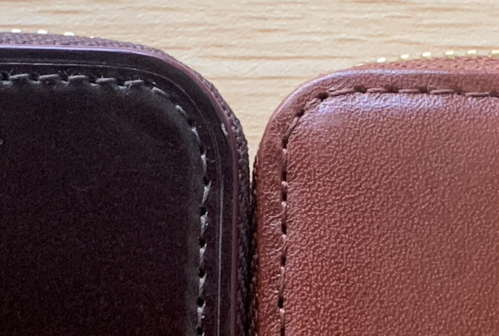 縫製の比較　左：コードバン　右：シラサギレザー